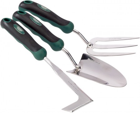 DRAPER 3 piece Stainless Steel Heavy Duty Soft Grip Fork, Trowel and Weeder Set