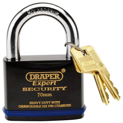 DRAPER EXPERT 70MM HEAVY DUTY ELECTRIC PLATED STAINLESS STEEL PADLOCK & 2 KEYS WITH SUPER TOUGH MOLYBDENUM STEEL SHACKLE