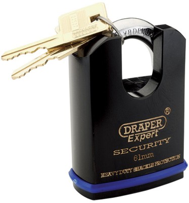 DRAPER EXPERT 61MM HEAVY DUTY ELECTRIC PLATED STAINLESS STEEL PADLOCK & 2 KEYS WITH SUPER TOUGH MOLYBDENUM STEEL SHROUDE