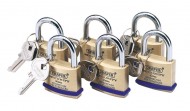 PACK OF 6 x 40MM KEYED ALIKE SOLID BRASS PADLOCKS WITH HARDENED STEEL SHACKLE